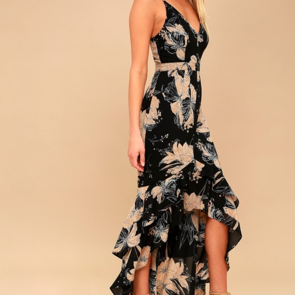 Lulus Darling Daylily Black Floral Print High-low Maxi Dress - Size S